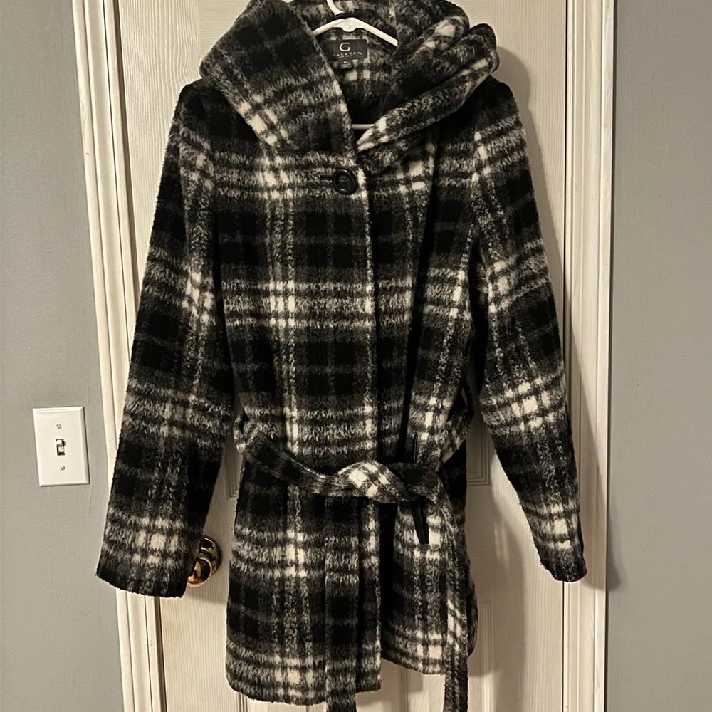 GALLERY Plaid Hooded Women's Wool Coat - Black, White and Gray